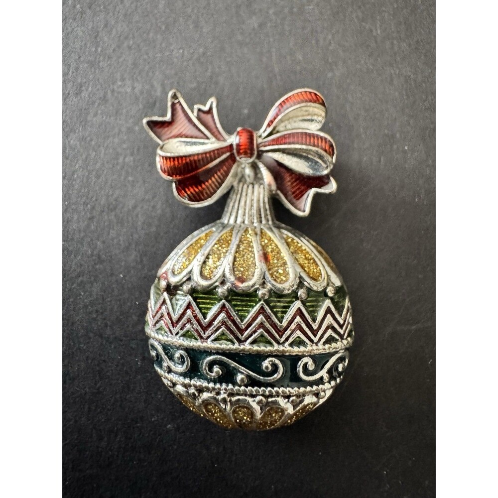 Vintage Signed NR Christmas Ornament Brooch Enamel Glitter Red Bow Silver Tone